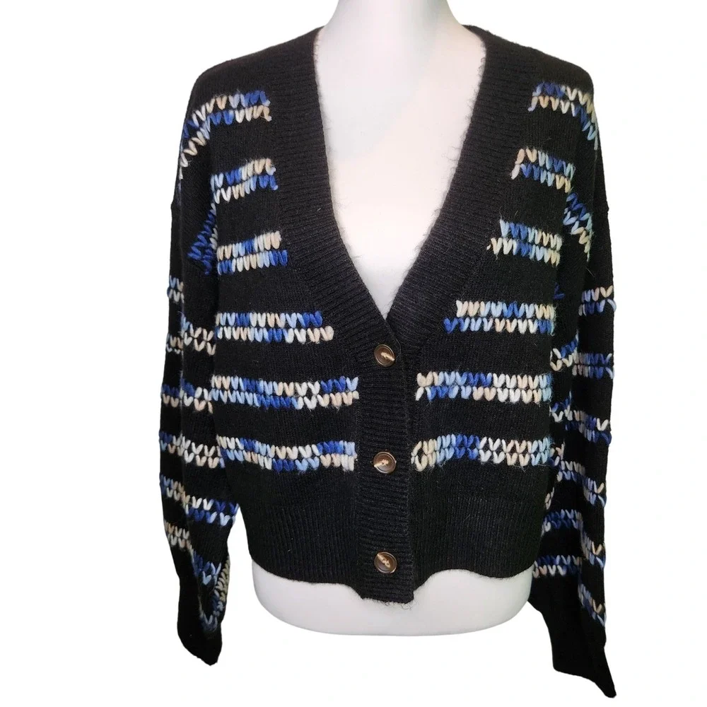 Bobeau Womens Black Striped V-Stitch Knit Sweater Blue White‎ MM5M75 Size M